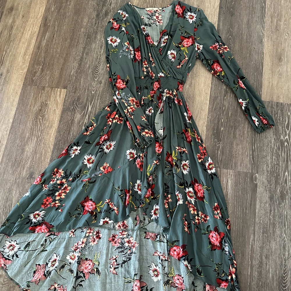 Kensie Olive Green Floral Wrap Maxi Dress with Pink Blooms